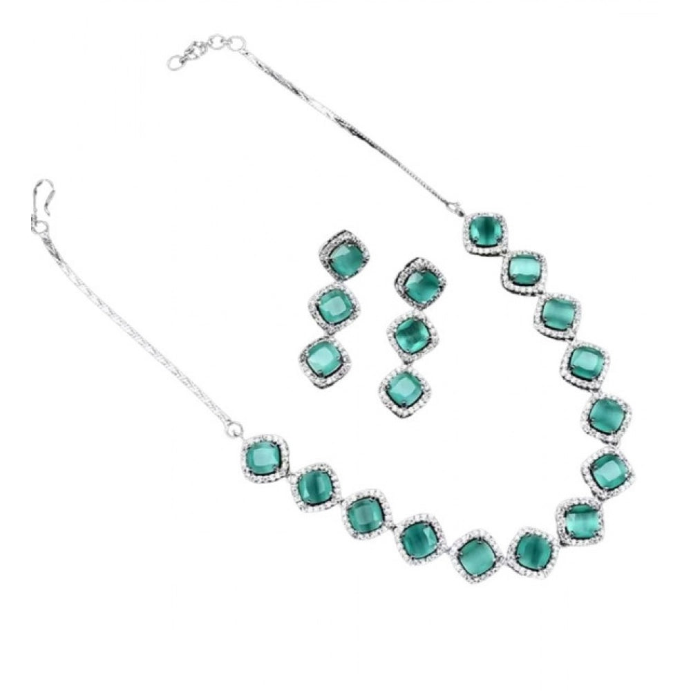 Amfyn Women's Brass Silver Plated Necklace set (Turquoise)