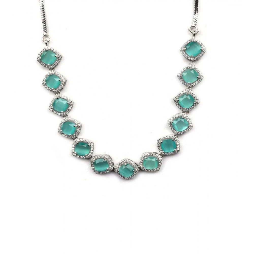 Amfyn Women's Brass Silver Plated Necklace set (Turquoise)
