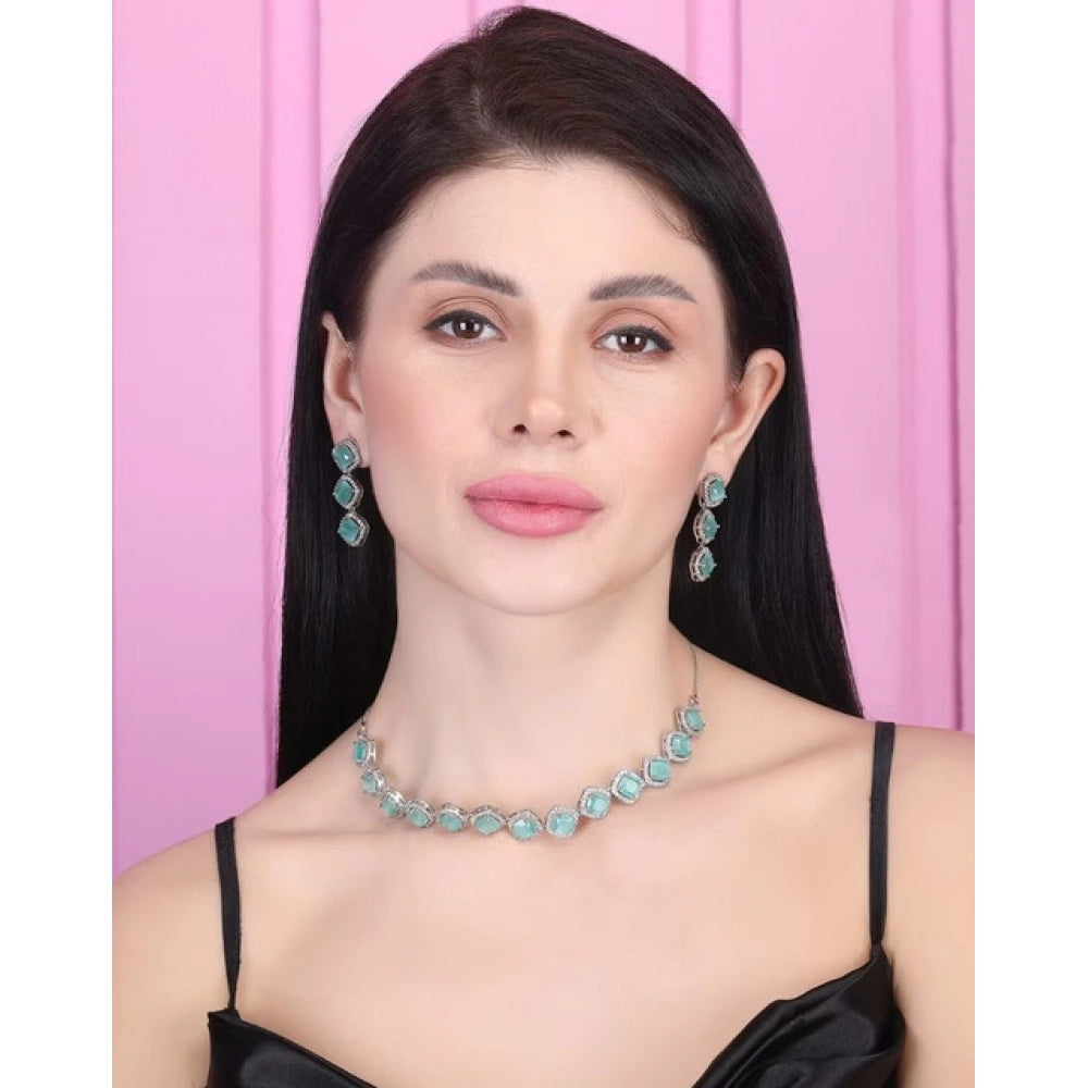 Amfyn Women's Brass Silver Plated Necklace set (Turquoise)