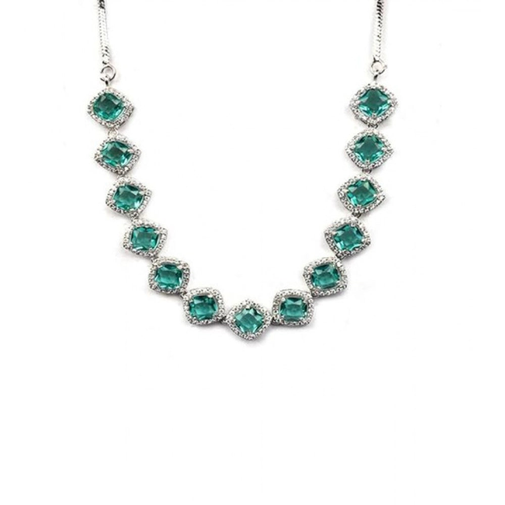 Amfyn Women's Brass Silver Plated Necklace set (Green)