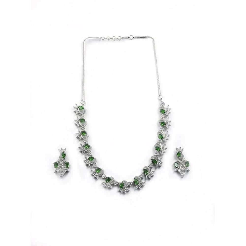 Amfyn Women's Brass Silver Plated Necklace set (Green)