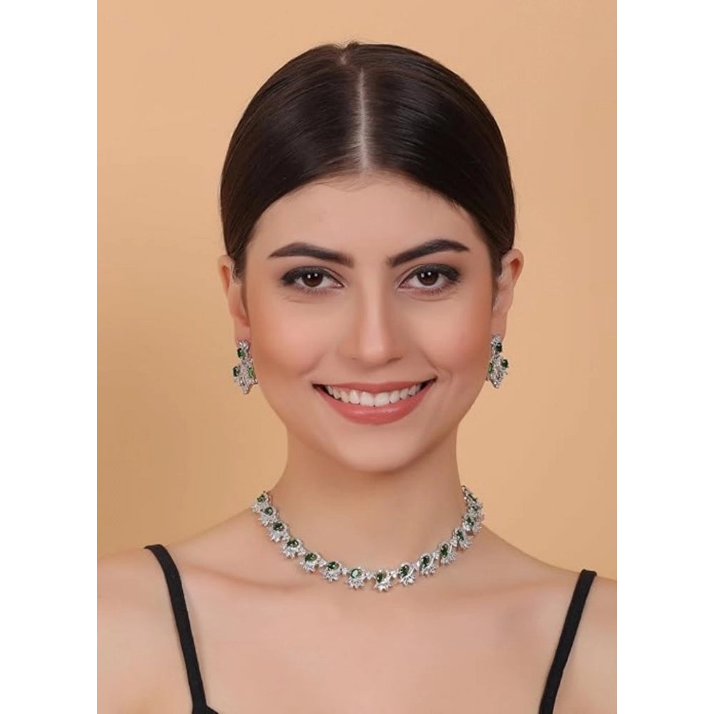 Amfyn Women's Brass Silver Plated Necklace set (Green)