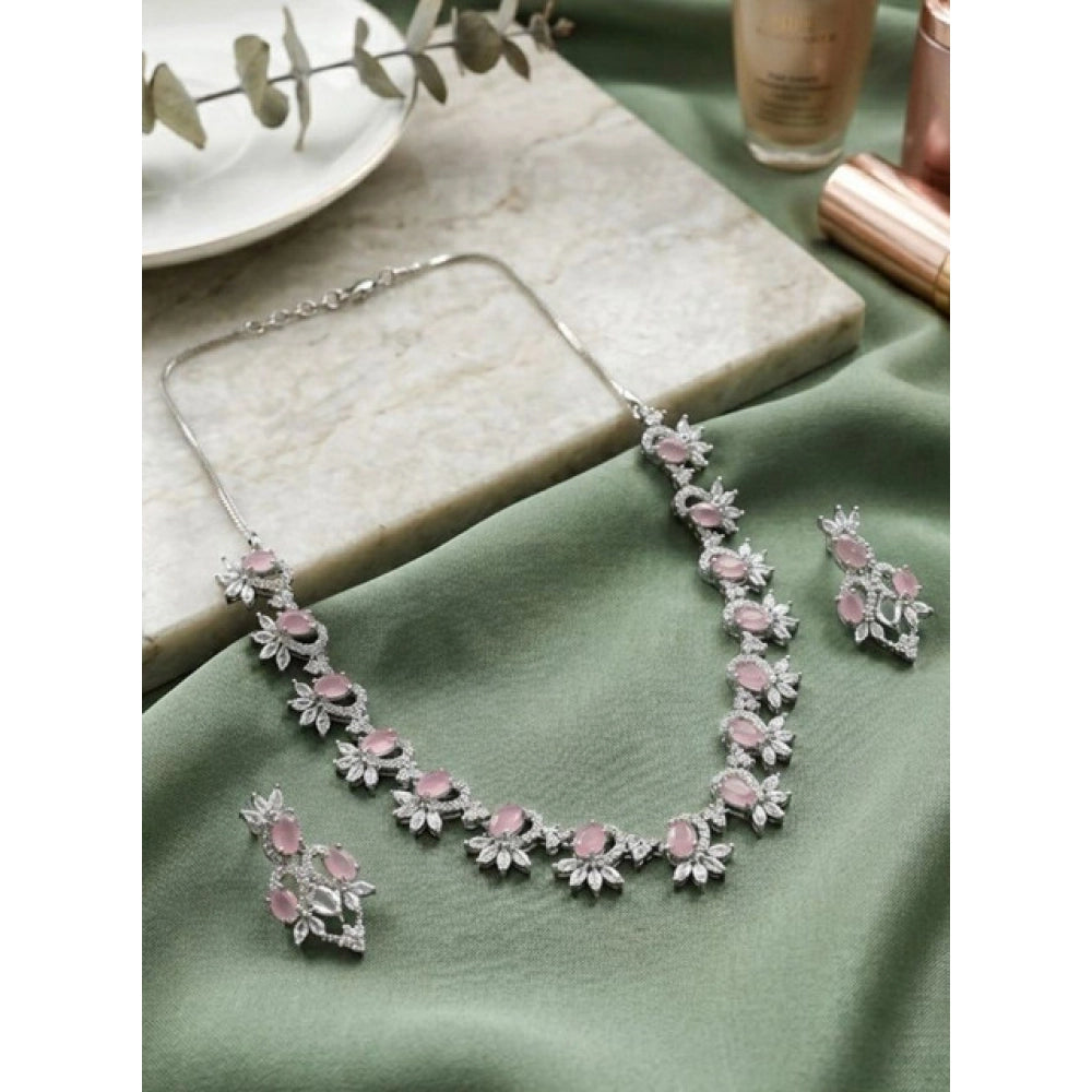 Amfyn Women's Brass Silver Plated Necklace set (Pink)