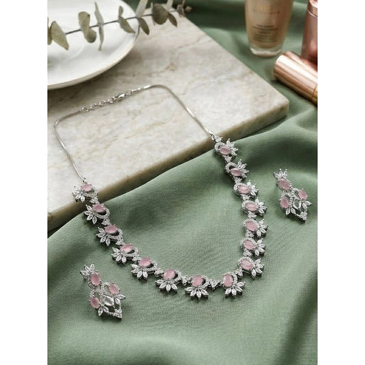 Amfyn Women's Brass Silver Plated Necklace set (Pink)
