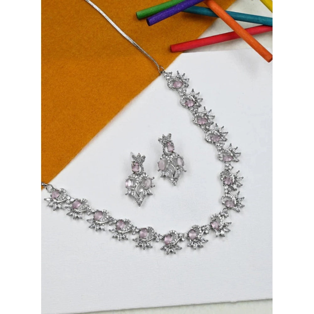 Amfyn Women's Brass Silver Plated Necklace set (Pink)