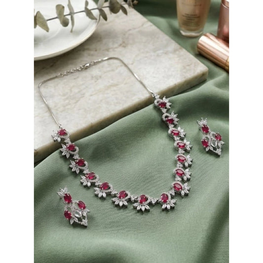 Amfyn Women's Brass Silver Plated Necklace set (Red)