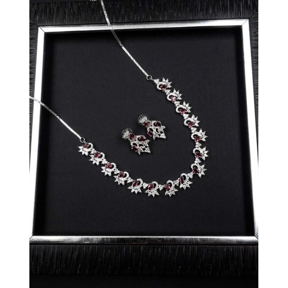 Amfyn Women's Brass Silver Plated Necklace set (Red)