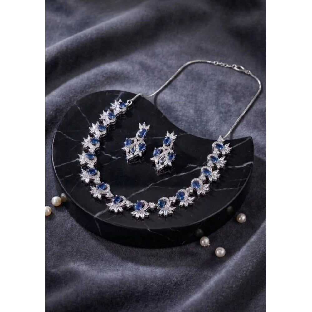 Amfyn Women's Brass Silver Plated Necklace set (Blue)