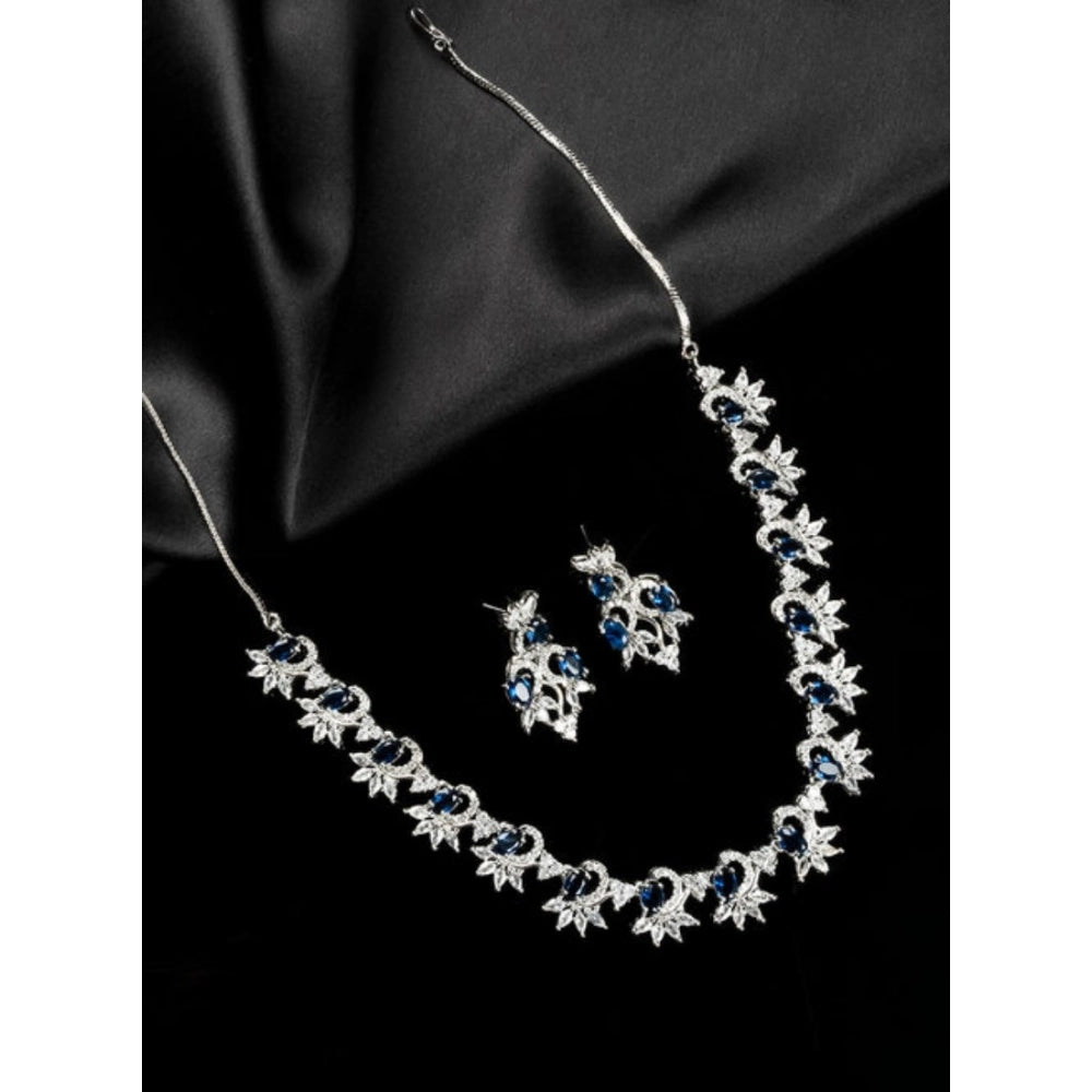 Amfyn Women's Brass Silver Plated Necklace set (Blue)