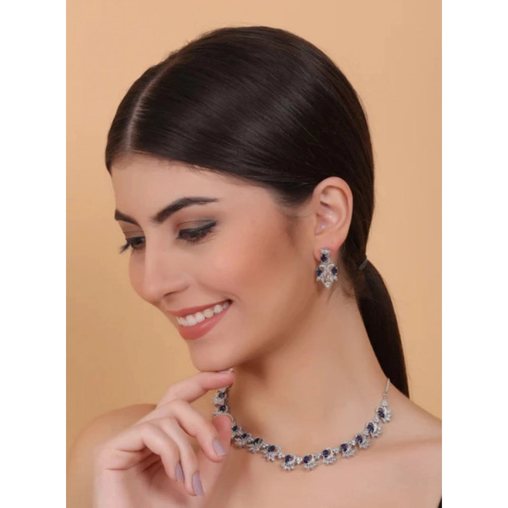 Amfyn Women's Brass Silver Plated Necklace set (Blue)