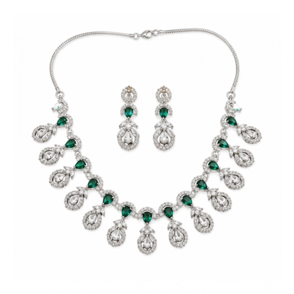 Amfyn Women's Brass Silver Plated Necklace set (Green)