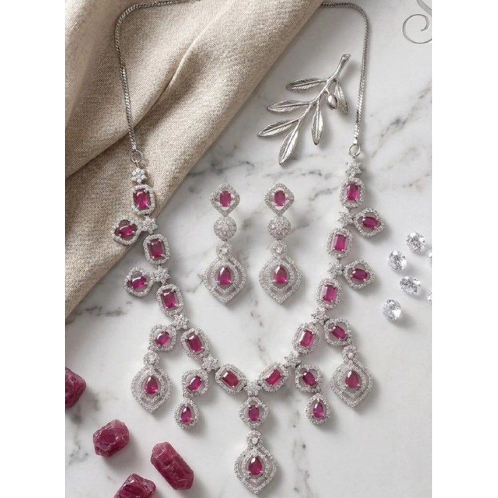 Amfyn Women's Brass Silver Plated Necklace set (Red)