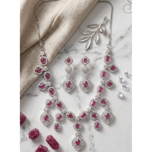 Amfyn Women's Brass Silver Plated Necklace set (Red)
