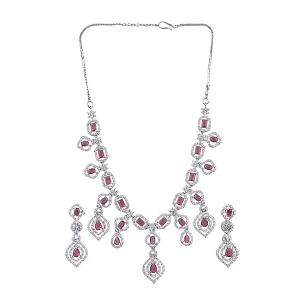 Amfyn Women's Brass Silver Plated Necklace set (Red)