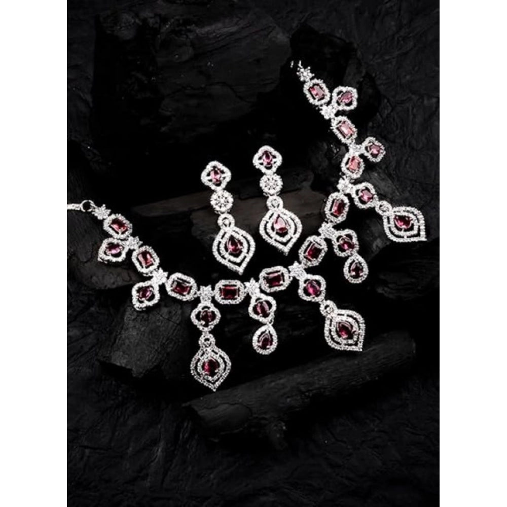 Amfyn Women's Brass Silver Plated Necklace set (Red)
