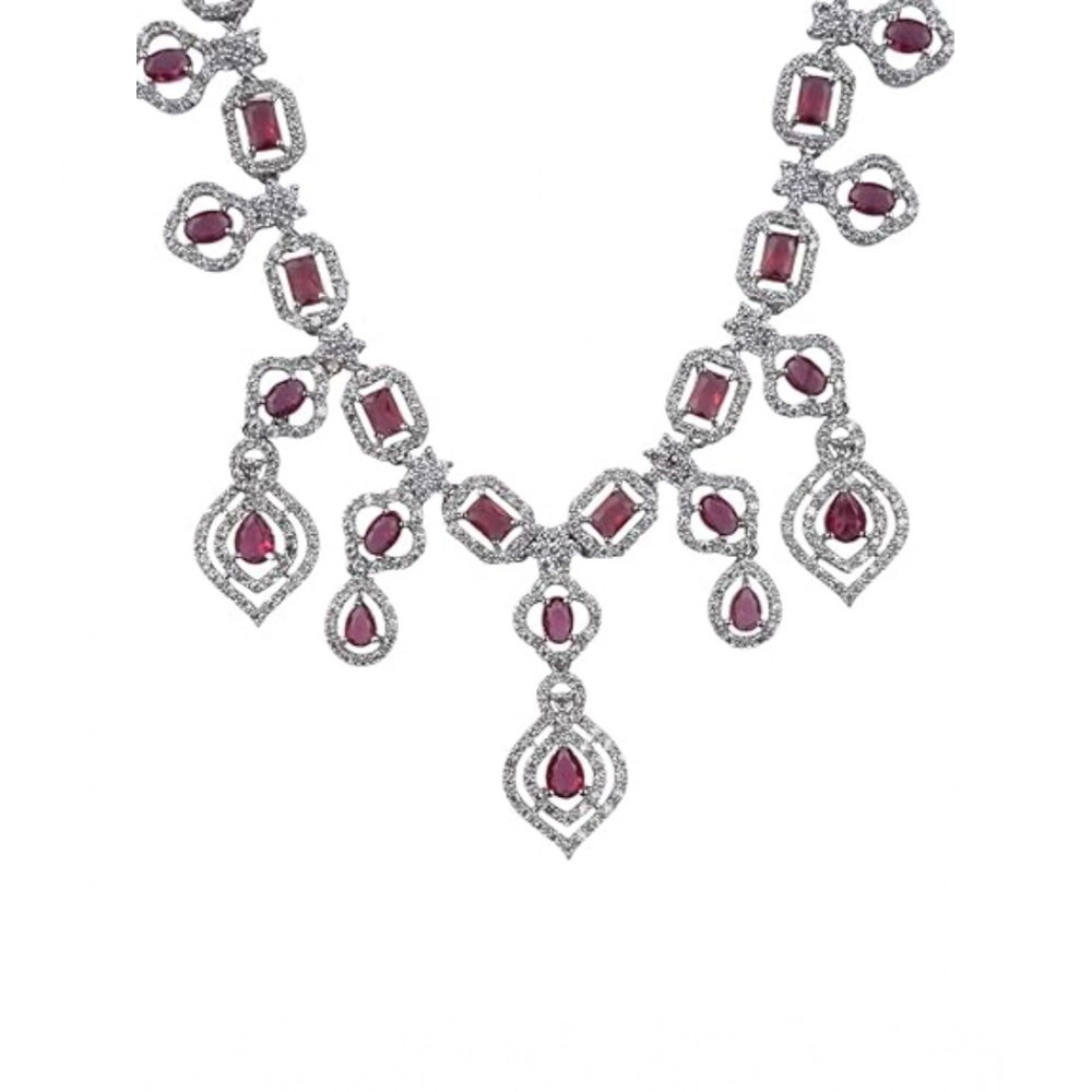 Amfyn Women's Brass Silver Plated Necklace set (Red)