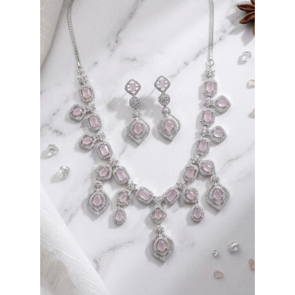 Amfyn Women's Brass Silver Plated Necklace set (Pink)