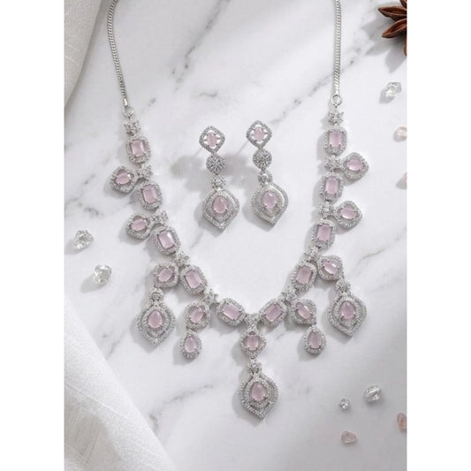 Amfyn Women's Brass Silver Plated Necklace set (Pink)