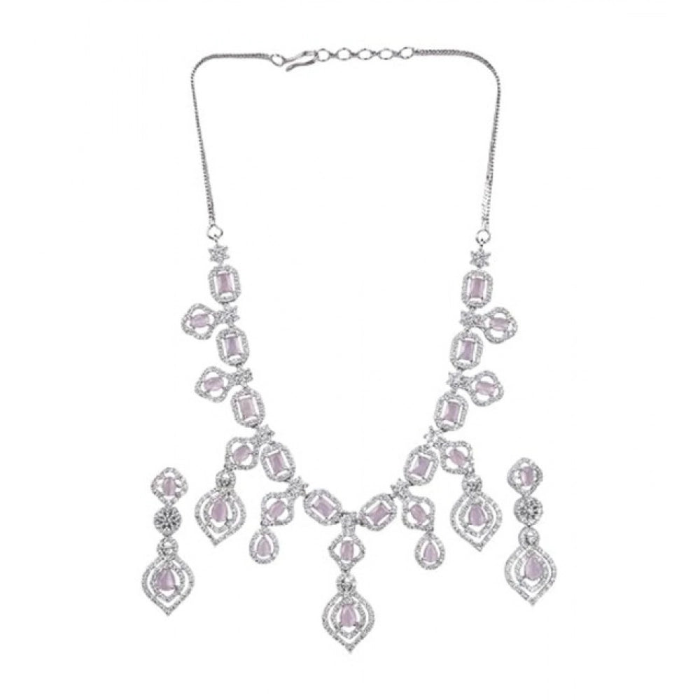 Amfyn Women's Brass Silver Plated Necklace set (Pink)