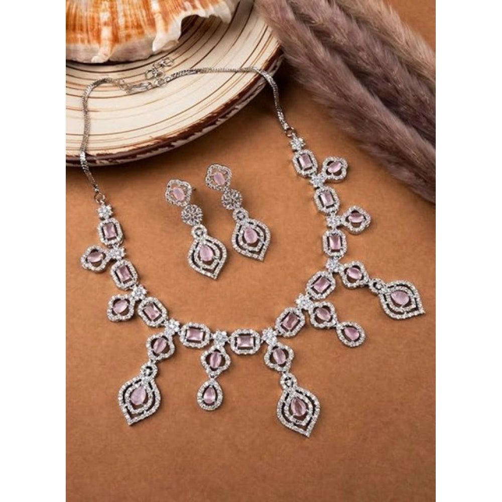 Amfyn Women's Brass Silver Plated Necklace set (Pink)