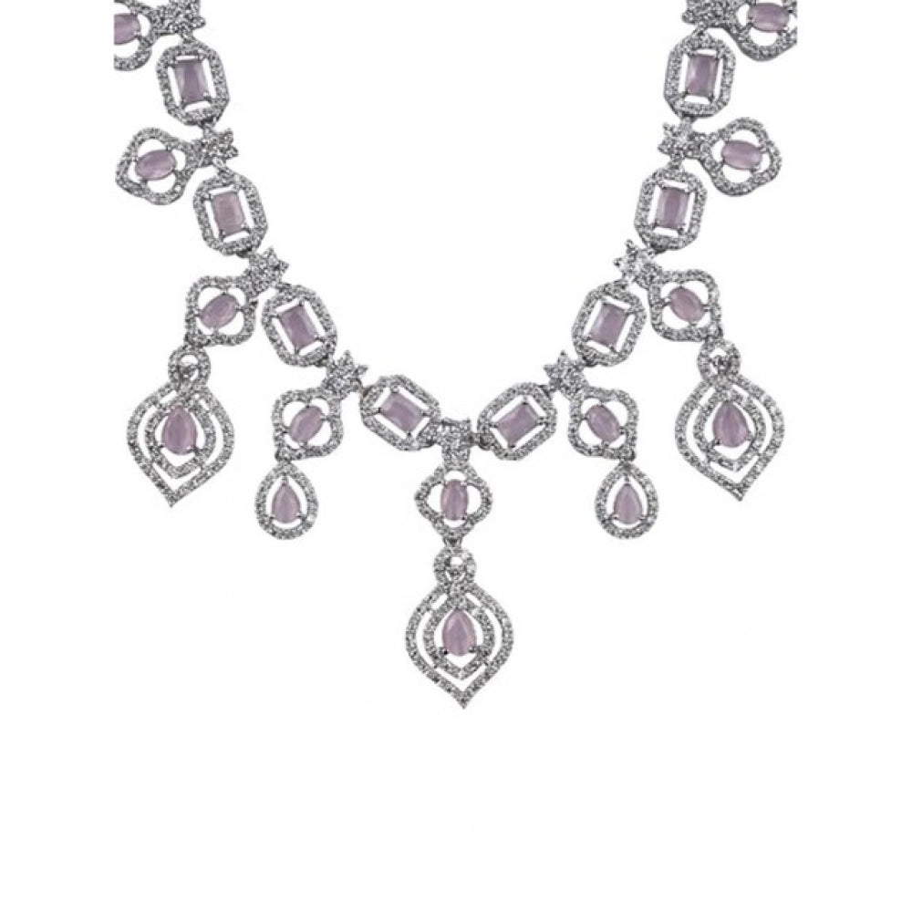 Amfyn Women's Brass Silver Plated Necklace set (Pink)