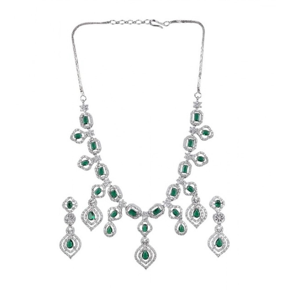Amfyn Women's Brass Silver Plated Necklace set (Green)