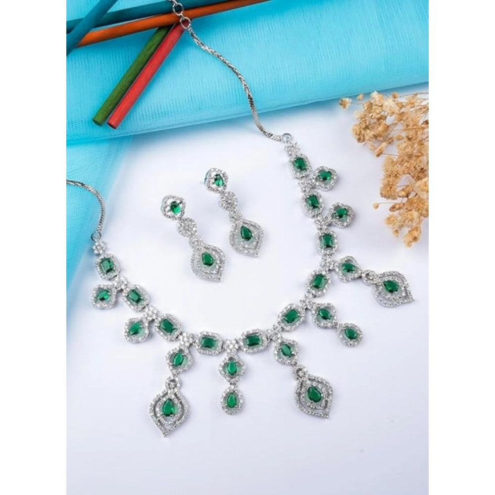Amfyn Women's Brass Silver Plated Necklace set (Green)