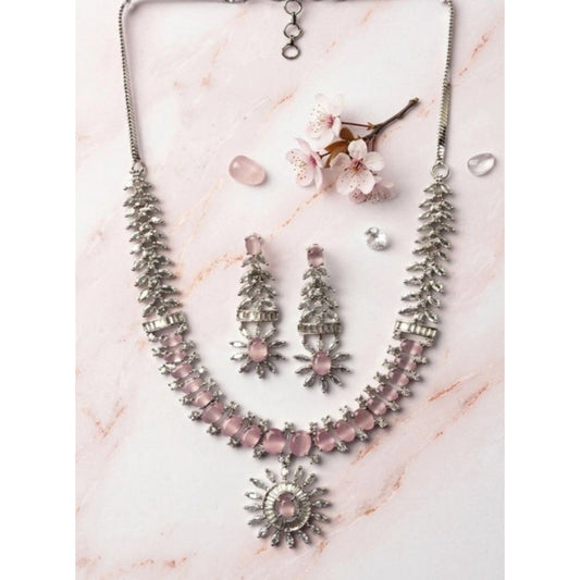 Amfyn Women's Brass Silver Plated Necklace set (Pink)