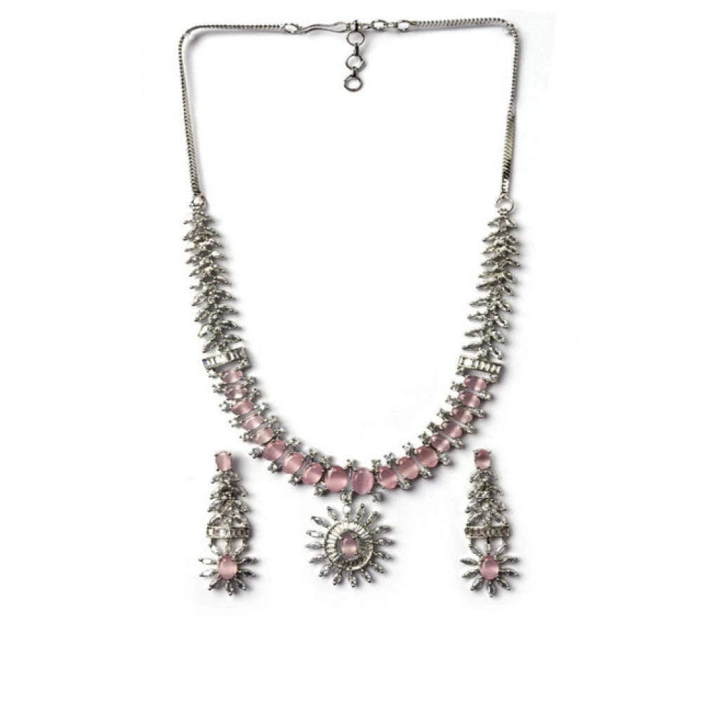 Amfyn Women's Brass Silver Plated Necklace set (Pink)