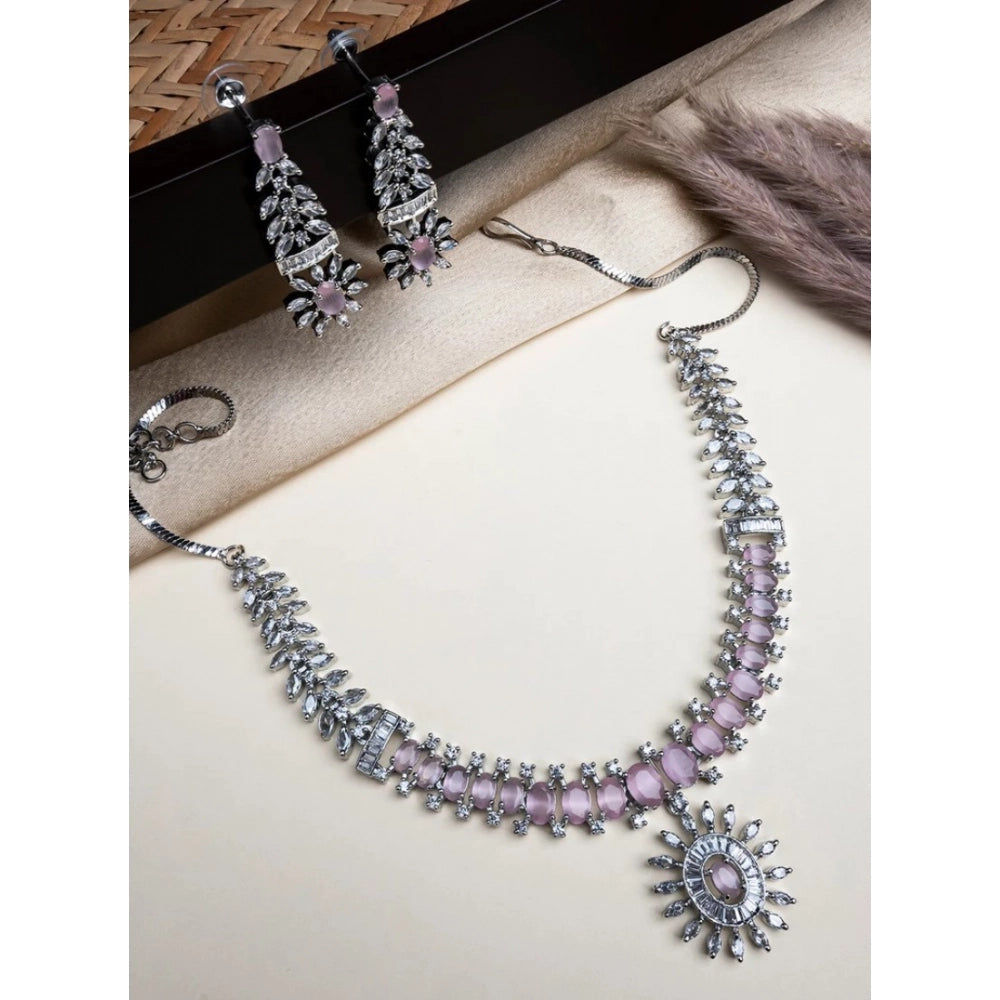 Amfyn Women's Brass Silver Plated Necklace set (Pink)