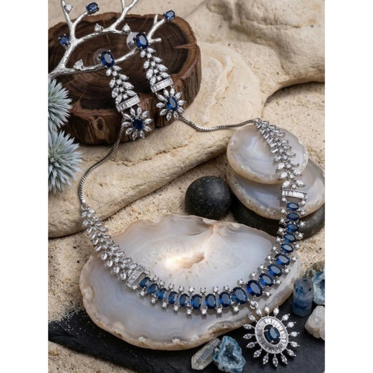 Amfyn Women's Brass Silver Plated Necklace set (Blue)