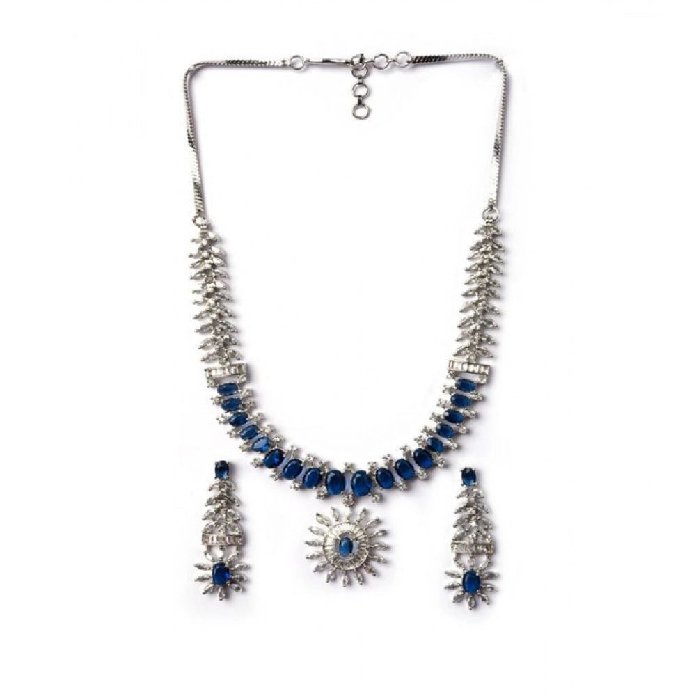Amfyn Women's Brass Silver Plated Necklace set (Blue)