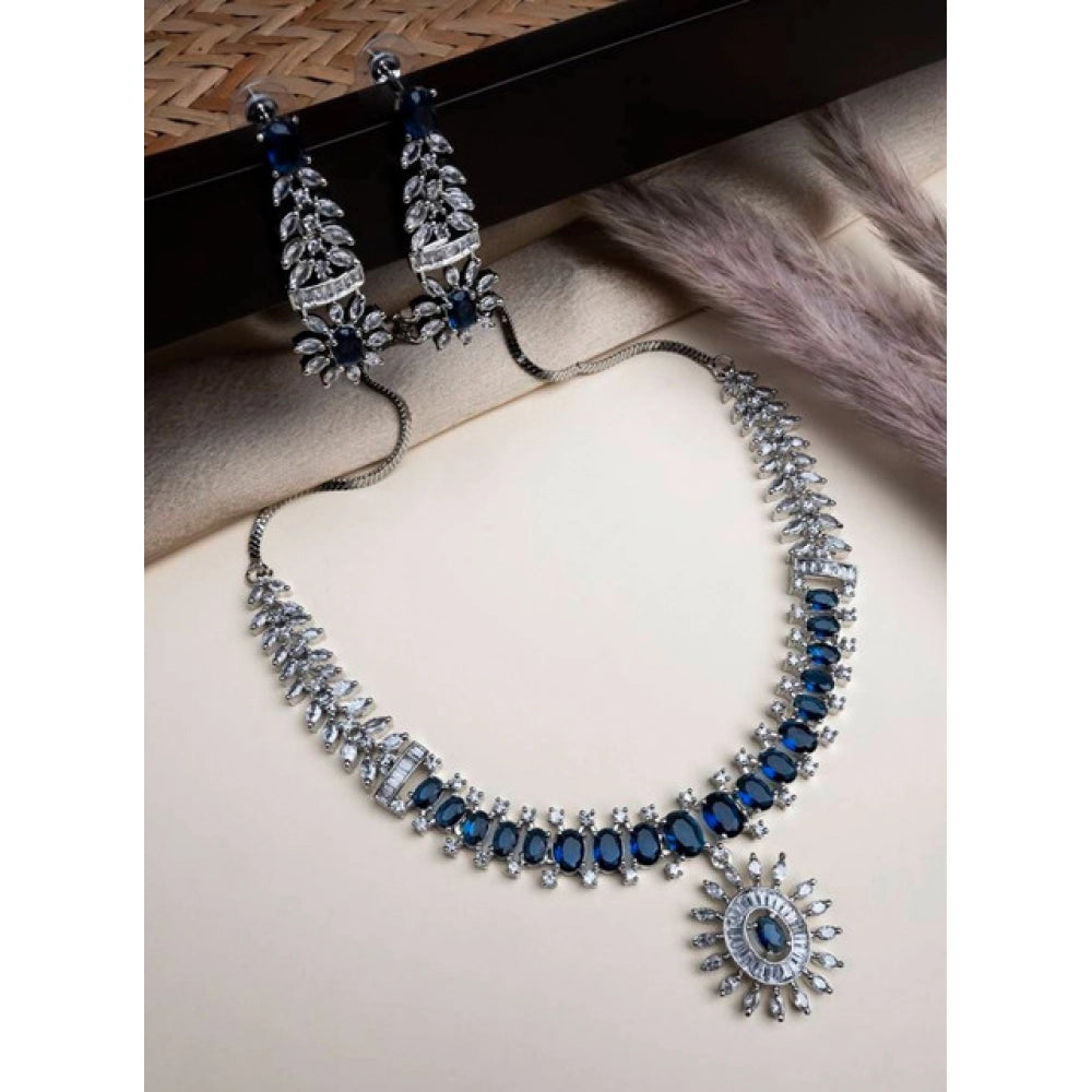 Amfyn Women's Brass Silver Plated Necklace set (Blue)