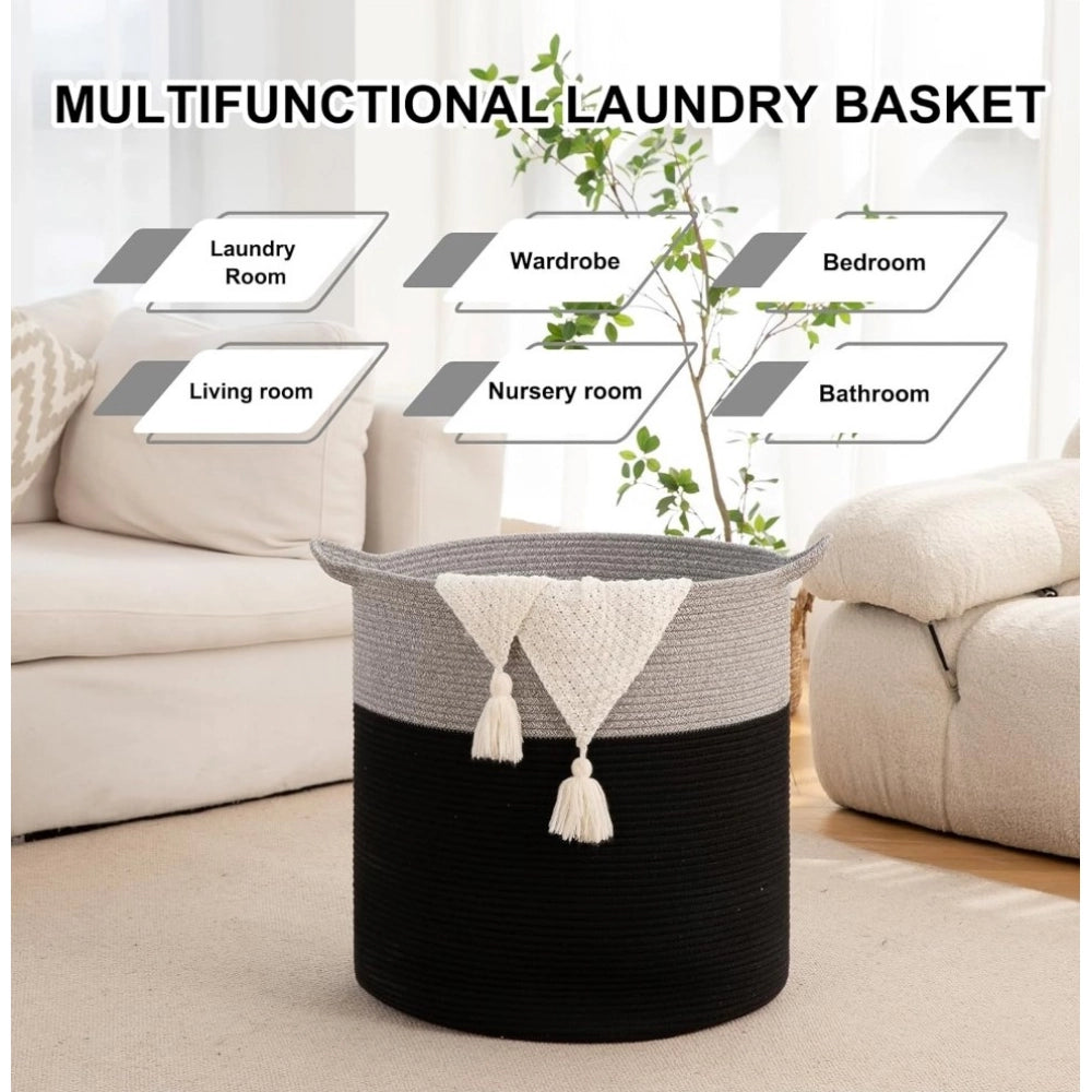 Amfyn Cotton 12x14 Inch-1 Pcs Storage Basket For Clothes With Out Lid (Gray-Black)