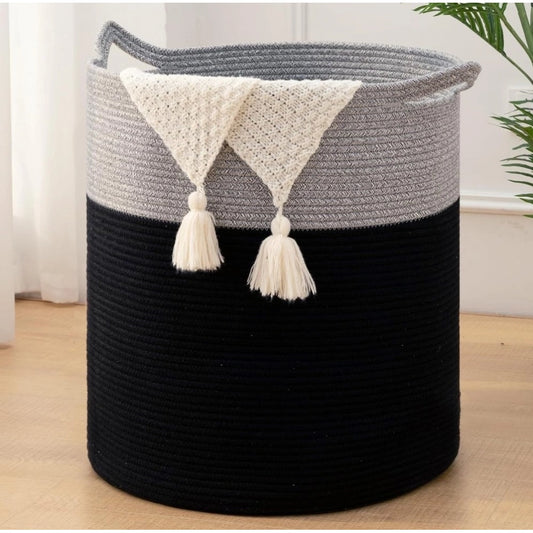 Amfyn Cotton 12x14 Inch-1 Pcs Storage Basket For Clothes With Out Lid (Gray-Black)