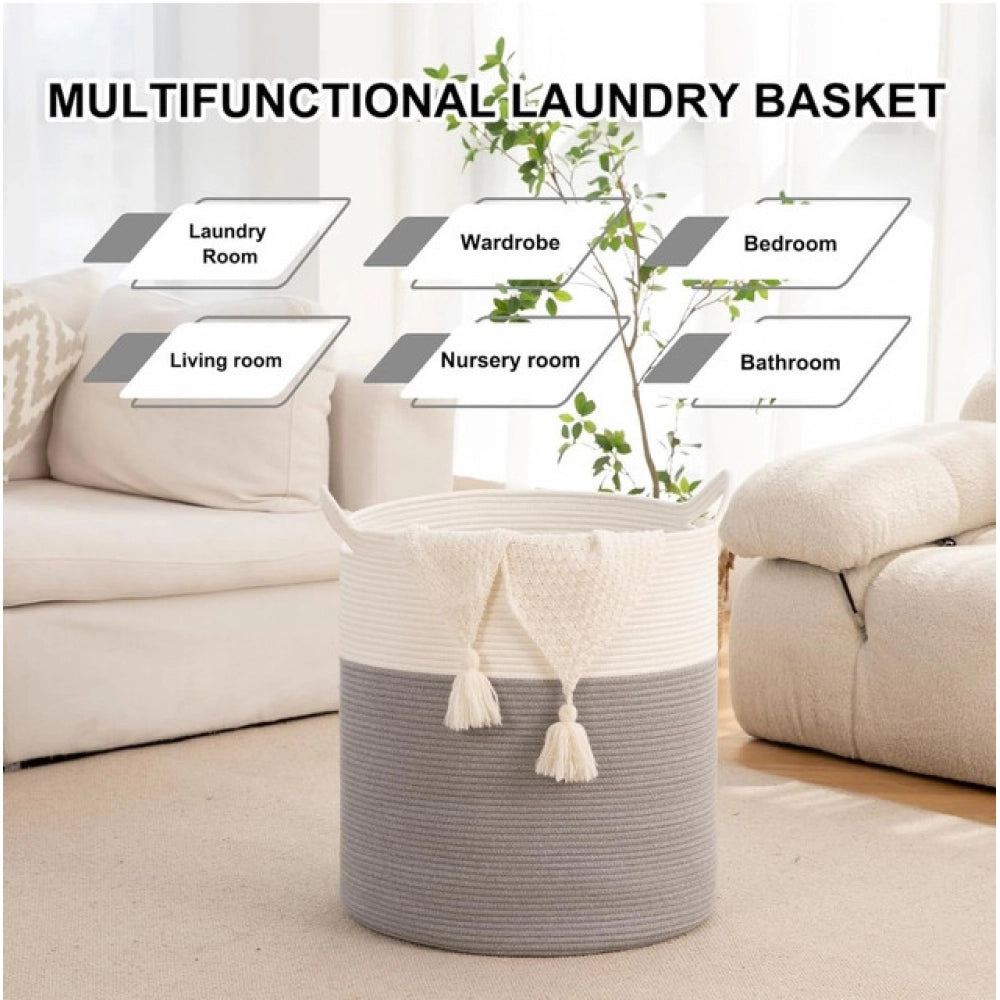 Amfyn Cotton 12x14 Inch-1 Pcs Storage Basket For Clothes With Out Lid (Gray-White)