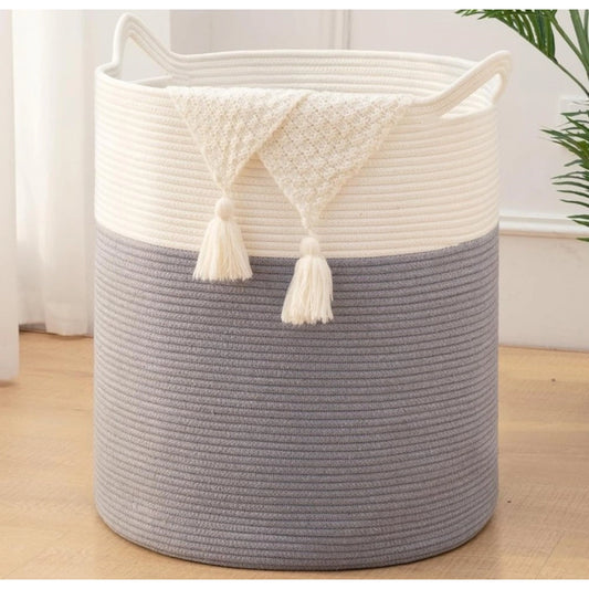 Amfyn Cotton 12x14 Inch-1 Pcs Storage Basket For Clothes With Out Lid (Gray-White)