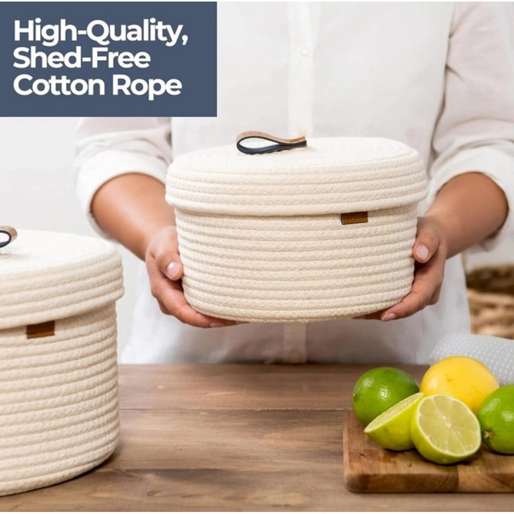 Amfyn Cotton 2 Pcs Set Roti Box Storage Basket With Lid (White)