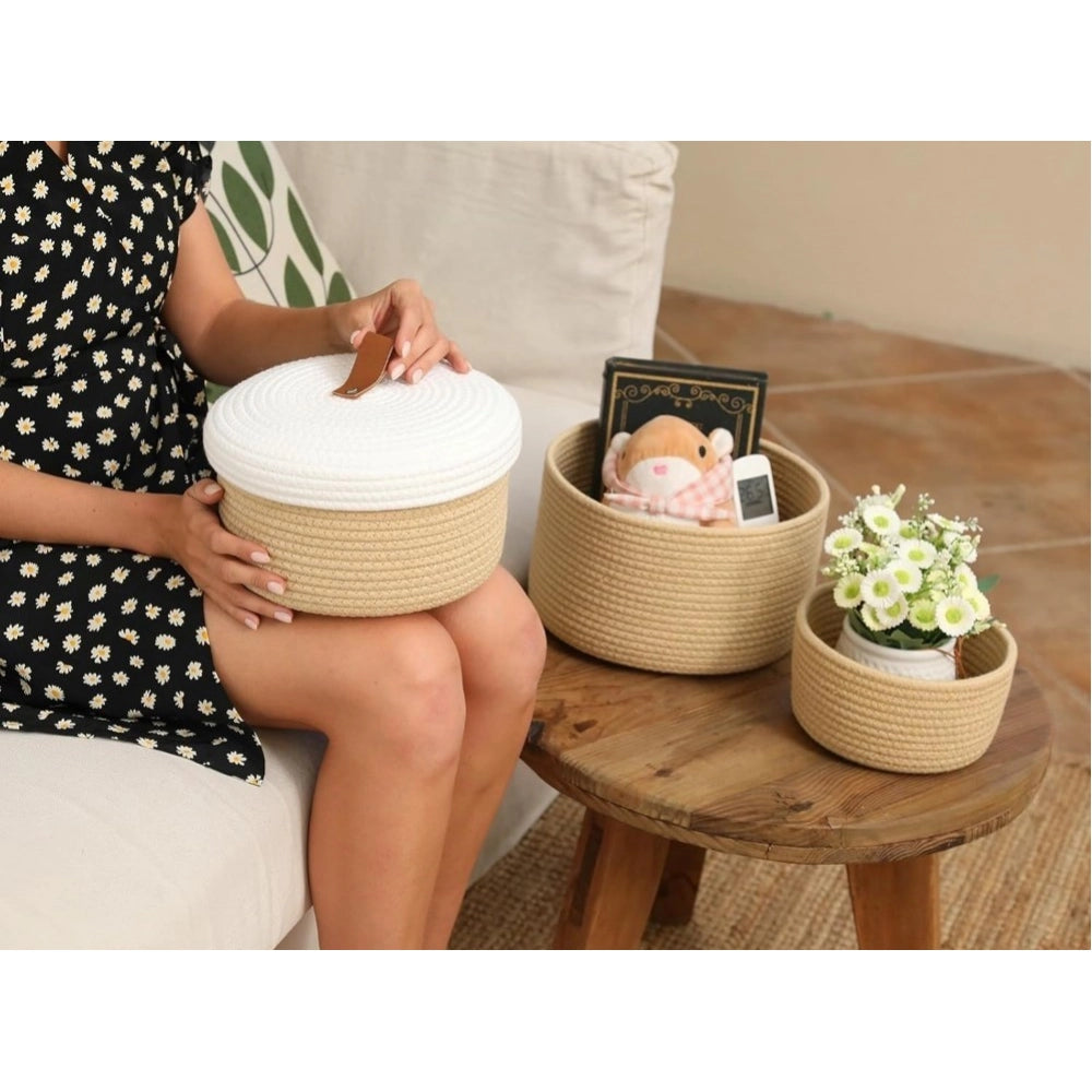 Amfyn Cotton 3 Pcs Set Roti Box Storage Basket With Lid (Beige-White)