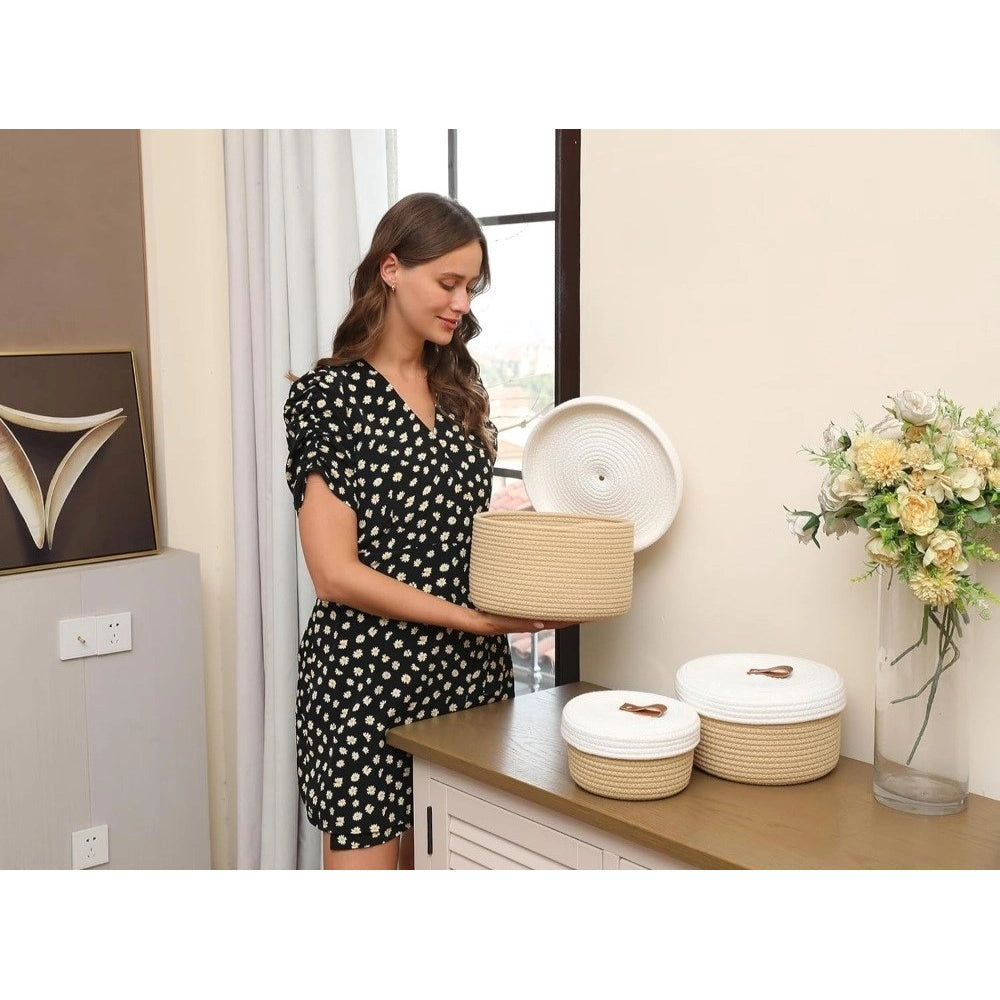 Amfyn Cotton 3 Pcs Set Roti Box Storage Basket With Lid (Beige-White)