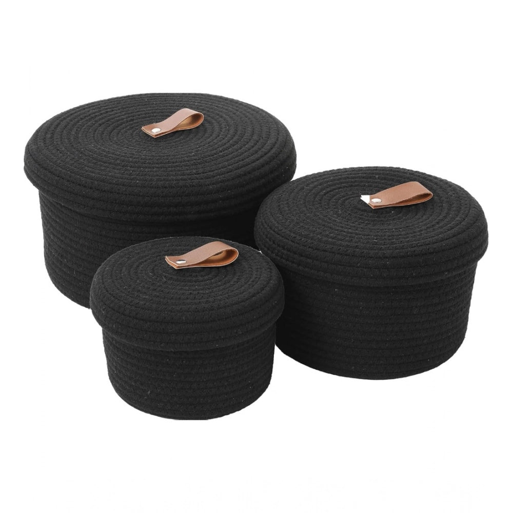 Amfyn Cotton 3 Pcs Set Roti Box Storage Basket With Lid (Black)