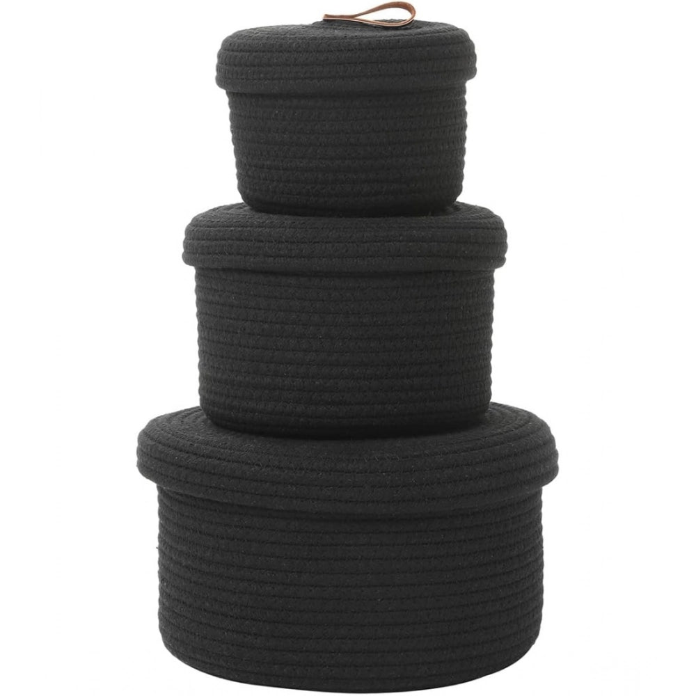 Amfyn Cotton 3 Pcs Set Roti Box Storage Basket With Lid (Black)