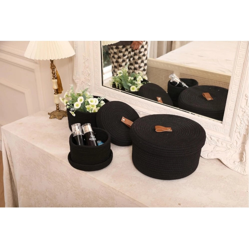 Amfyn Cotton 3 Pcs Set Roti Box Storage Basket With Lid (Black)