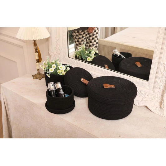 Amfyn Cotton 3 Pcs Set Roti Box Storage Basket With Lid (Black)