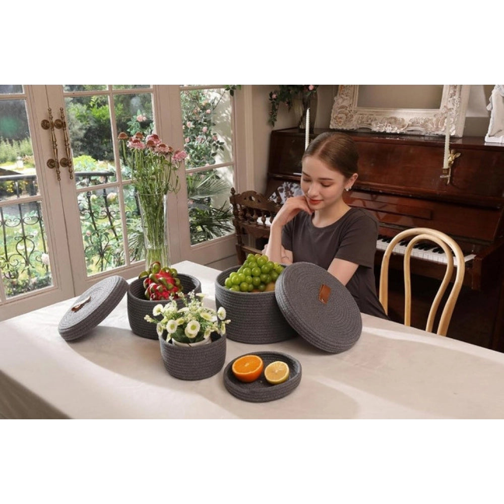 Amfyn Cotton 3 Pcs Set Roti Box Storage Basket With Lid (Gray)