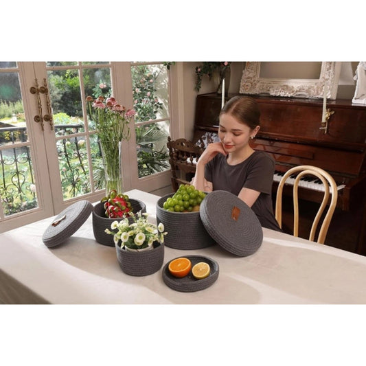 Amfyn Cotton 3 Pcs Set Roti Box Storage Basket With Lid (Gray)