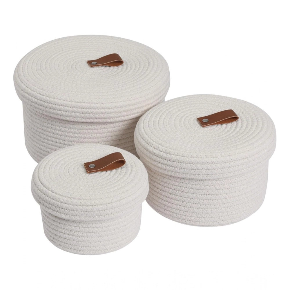 Amfyn Cotton 3 Pcs Set Roti Box Storage Basket With Lid (White)