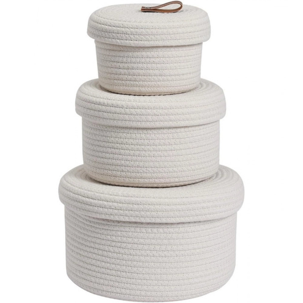 Amfyn Cotton 3 Pcs Set Roti Box Storage Basket With Lid (White)