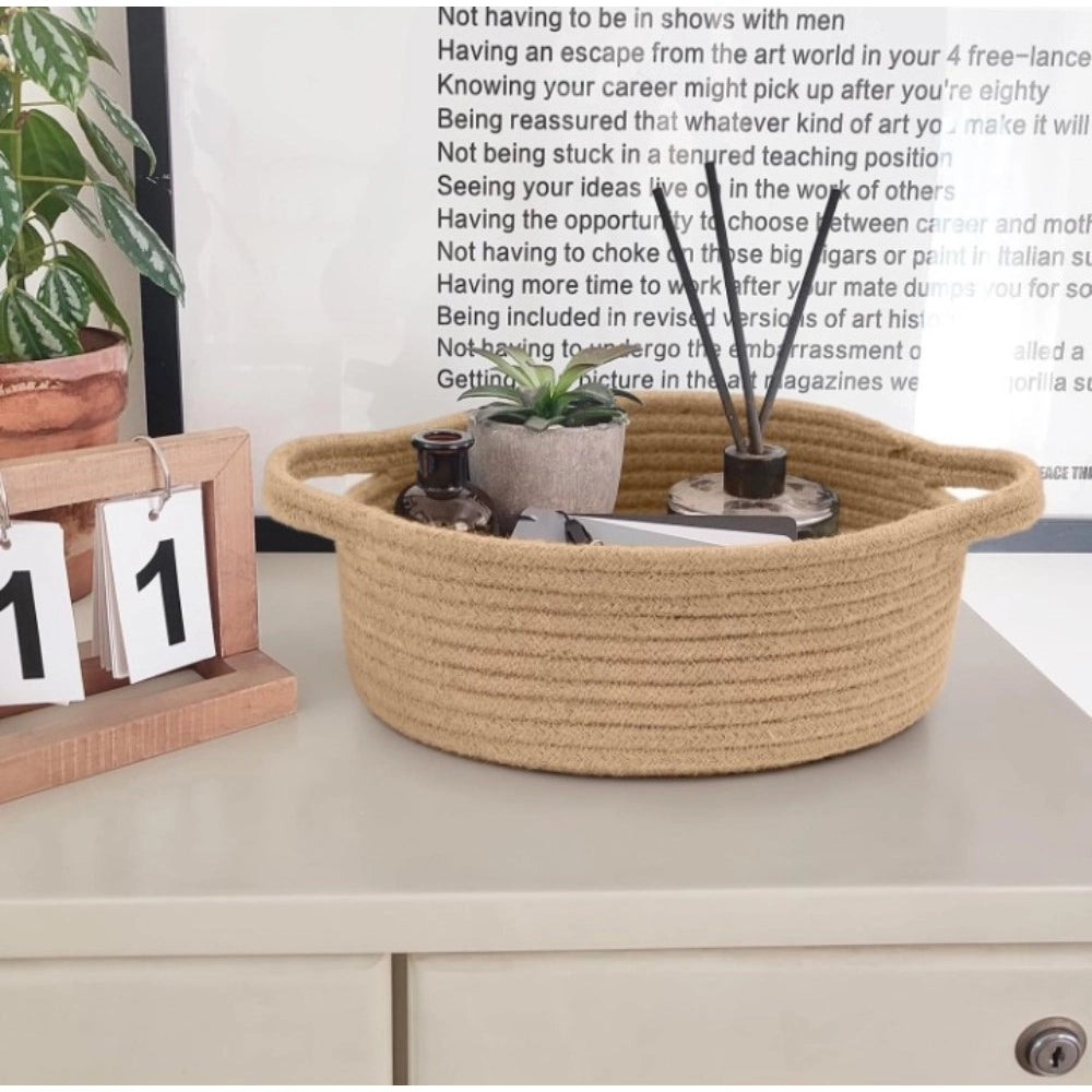 Amfyn Cotton 8x3 Inch Round Bedside Organizer With Out Lid (Beige)