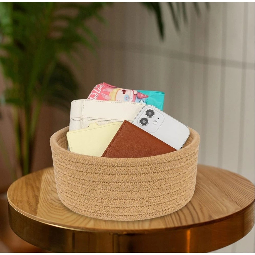 Amfyn Cotton 8x3 Inch Round 1 Pcs Bedside Organizer With Out Lid (Beige)